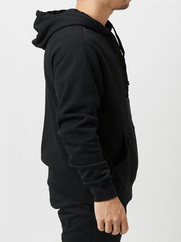 Side view of a black solid color men's sweatshirt with hood and pockets, perfect for casual style and everyday comfort.